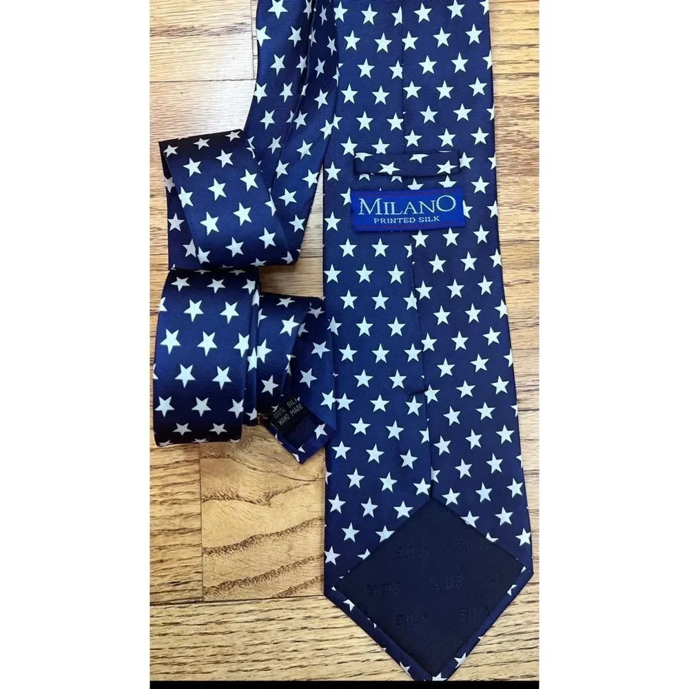 Milano Printed 100% Silk Neck Tie Navy Blue White Stars Patriotic USA America